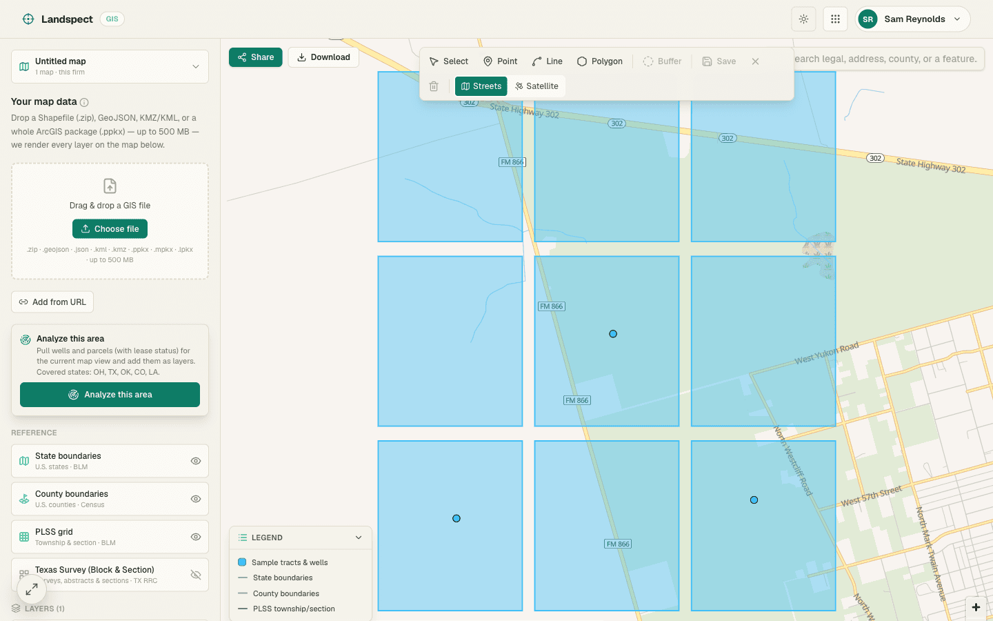 Landspect GIS — sample tracts and wells rendered on a live, shareable map with reference layers (state and county boundaries, PLSS grid, Texas survey) and a legend.
