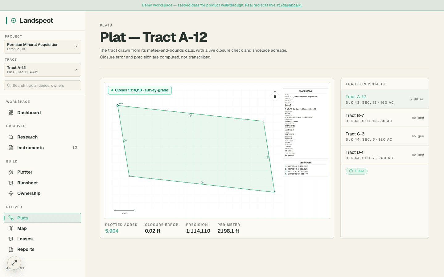 Landspect Plotter — Tract A-12 plotted from its metes-and-bounds calls, with a live closure check (1:114,110, survey-grade) and plotted acreage, closure error, precision, and perimeter metrics.