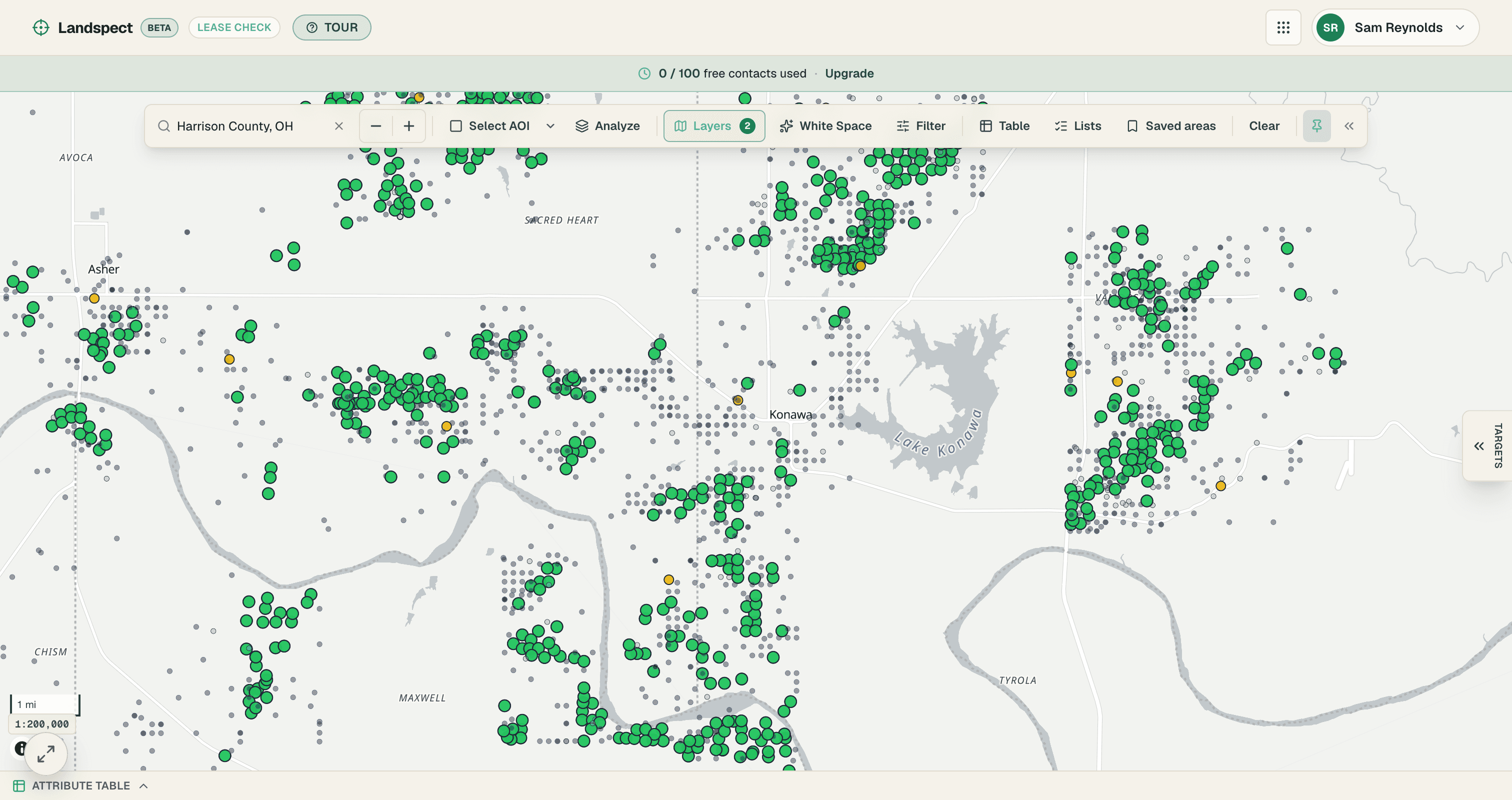 Landspect Lease Check — the live map over an Oklahoma play, every well point coloured by lease status over a pale parcel ground, with the AOI, analyze, layers, white-space, filter and list tools in one toolbar and the acquisition-targets panel docked at the right.